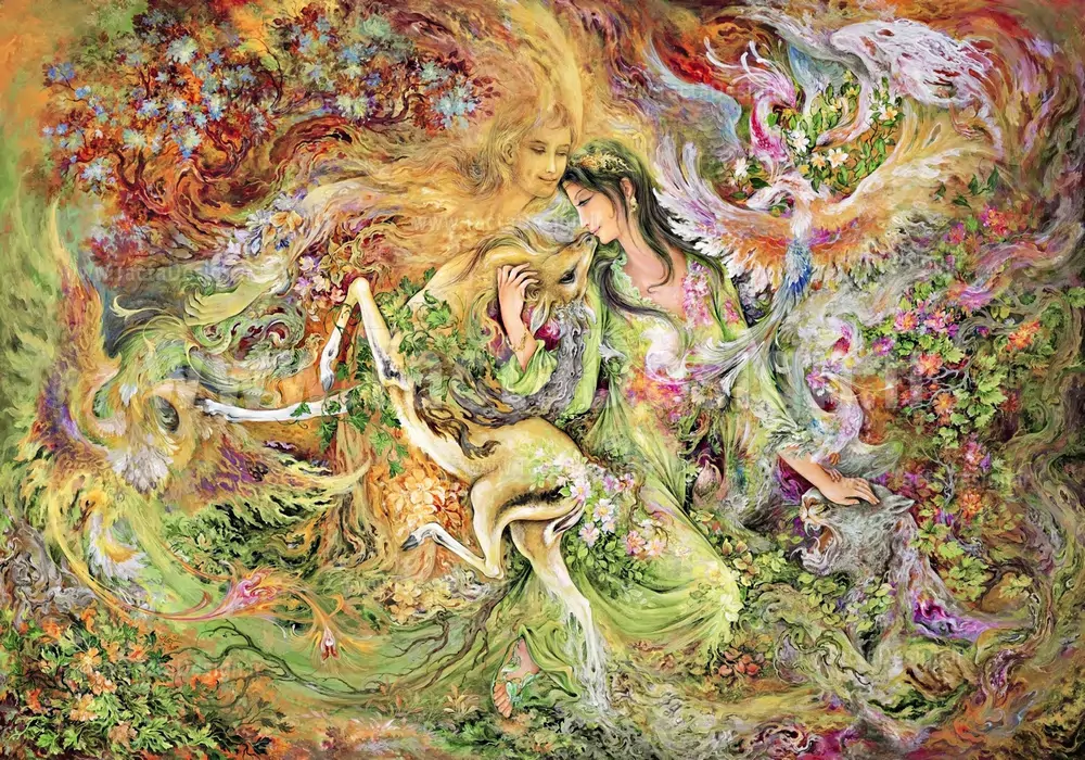 نقاشی آهو در آغوش زنی در کنار پرندگان 
